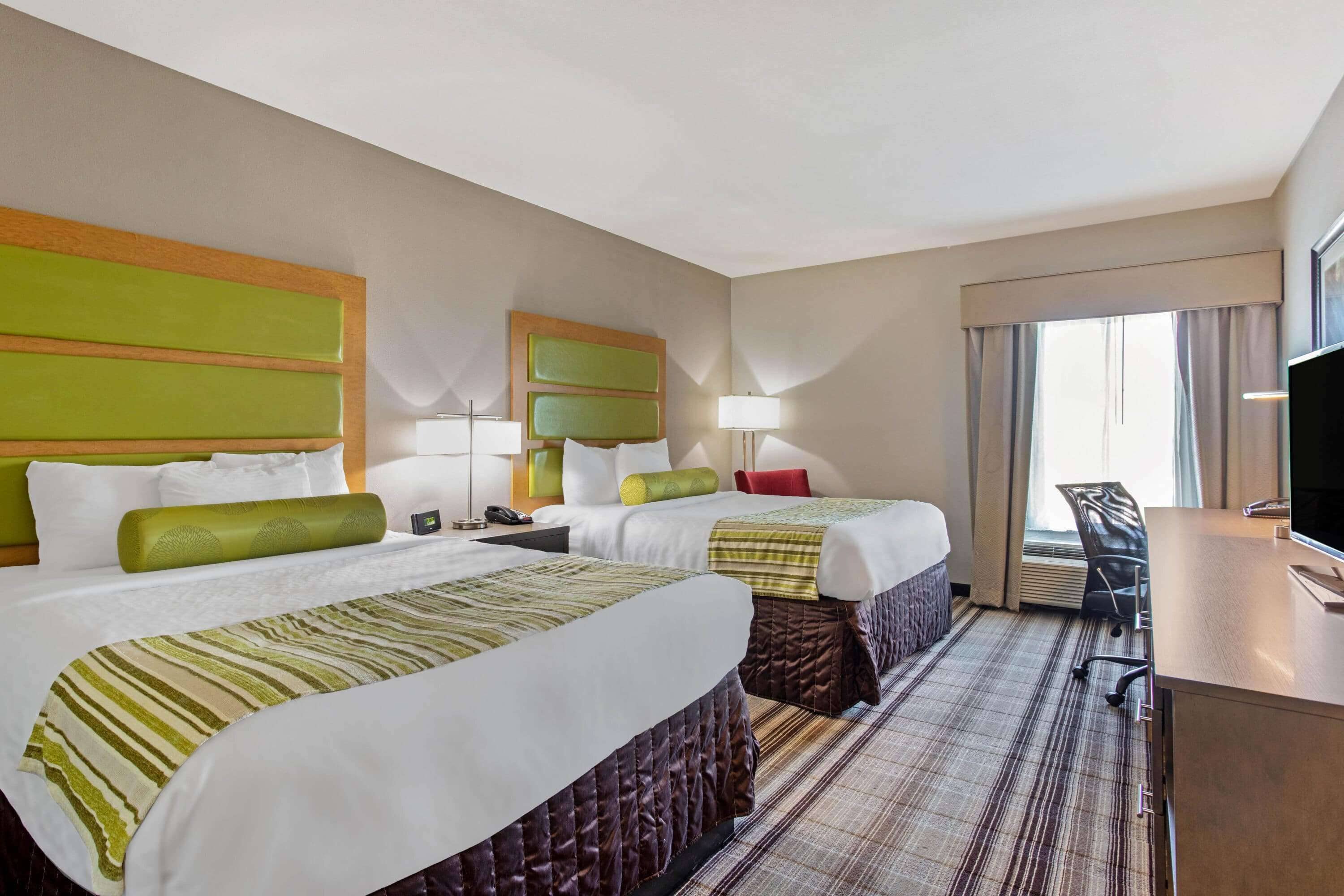 family room, 2 queen beds | premium bedding, desk, soundproofing, iron/ironing board