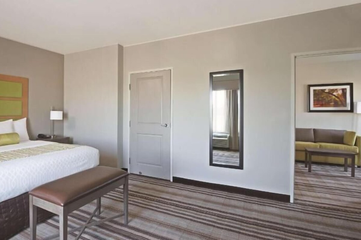Une chambre d’hôtel avec un lit, un banc, une porte, un miroir et un canapé.