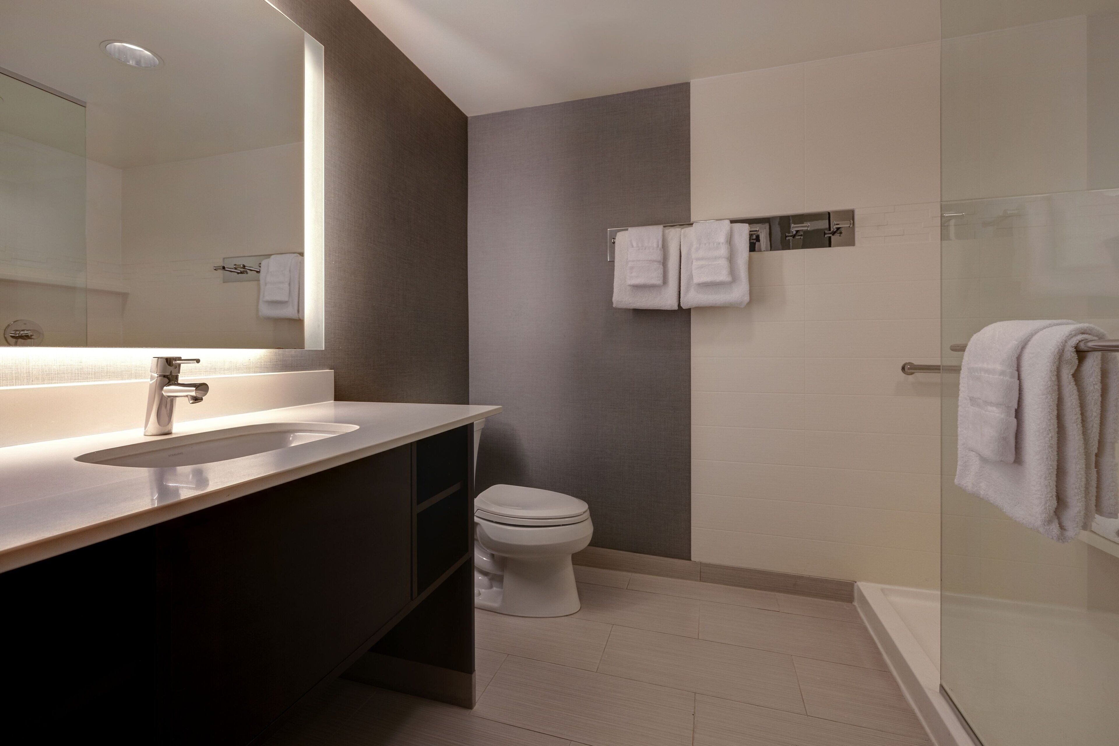 A modern bathroom with a dual sink vanity, a toilet, and a glass shower enclosure.