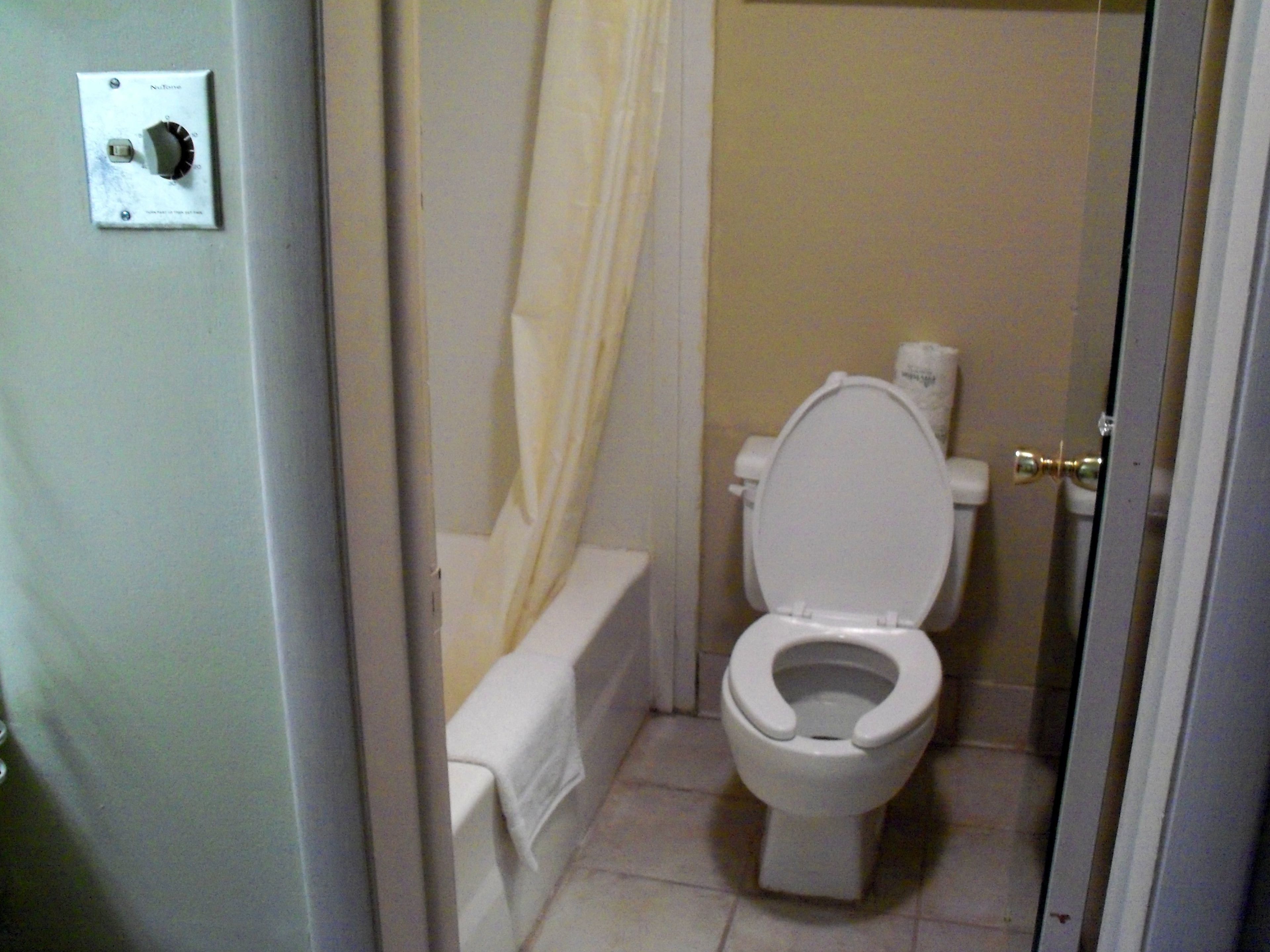 A bathroom with a toilet, a bathtub, and a shower curtain.