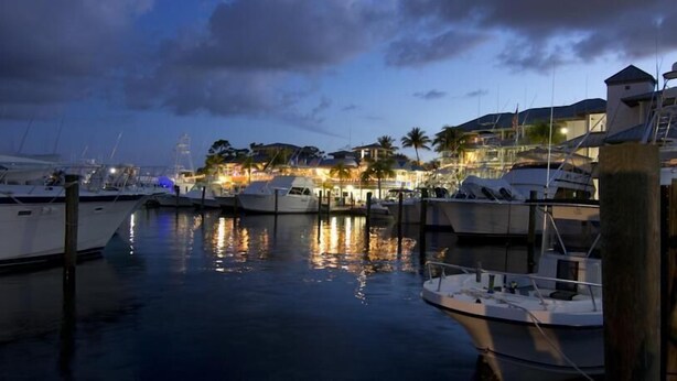 Una marina al atardecer con barcos amarrados, reflejos de luces y edificios al fondo.