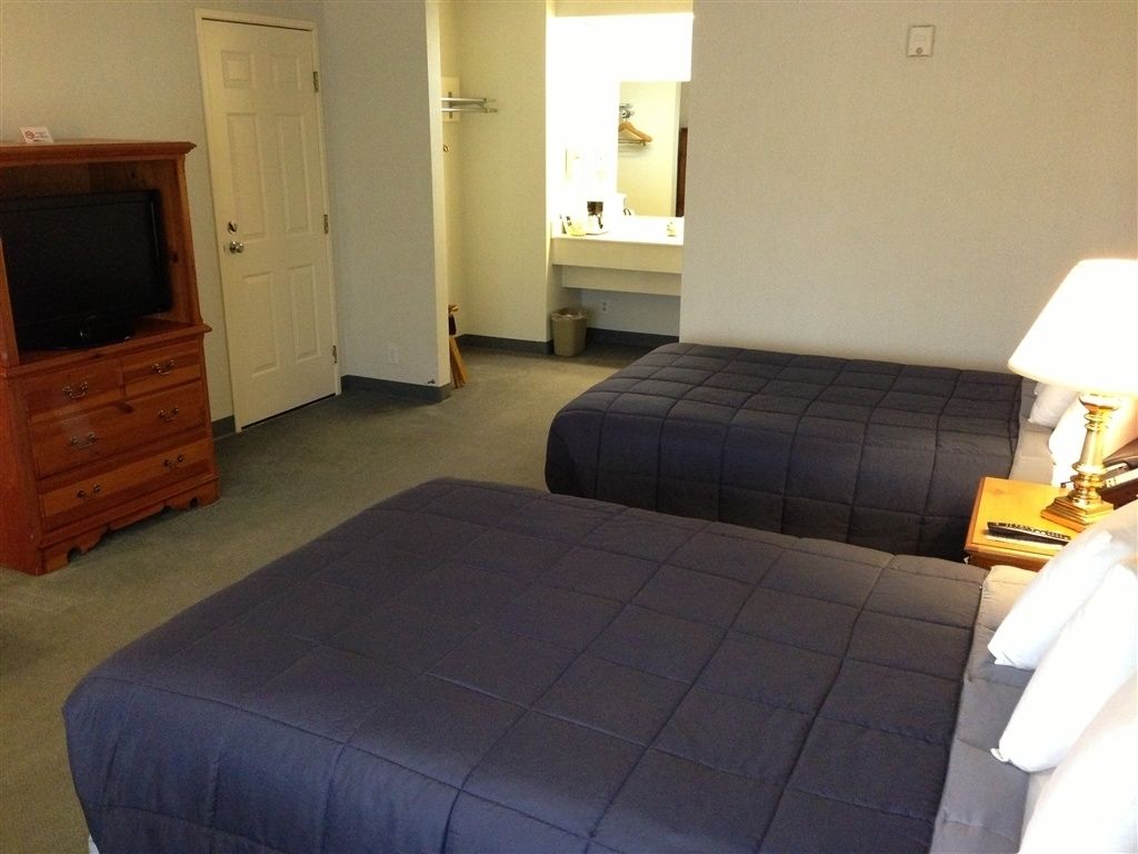 Una habitación de hotel con dos camas, un televisor sobre un aparador de madera, un espejo y una lámpara.