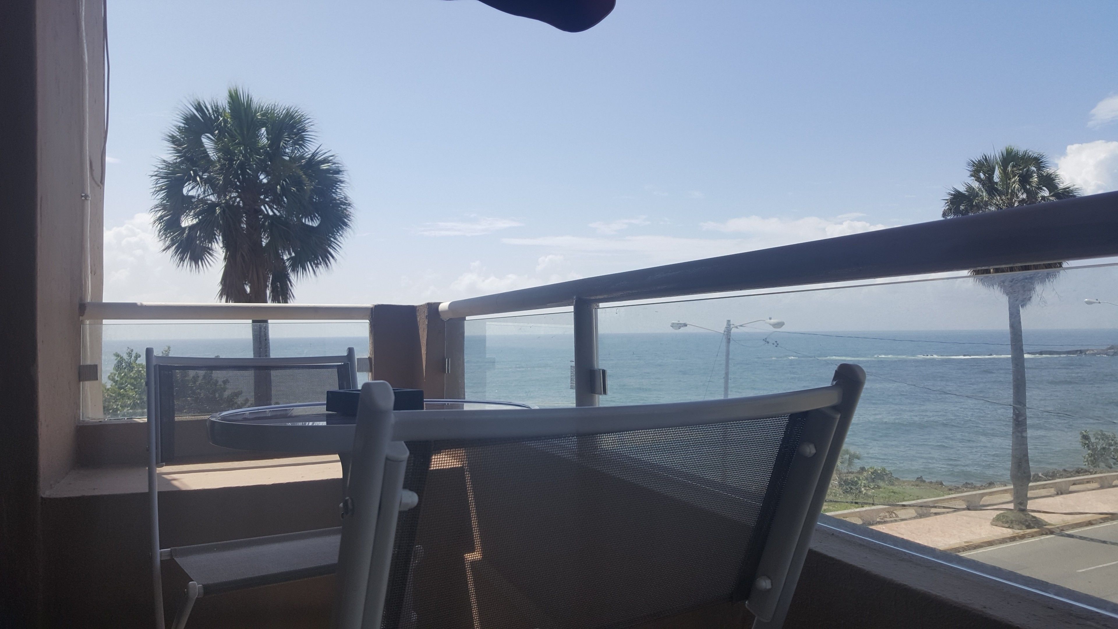 A balcony with a view of the ocean, a palm tree, and a chair.