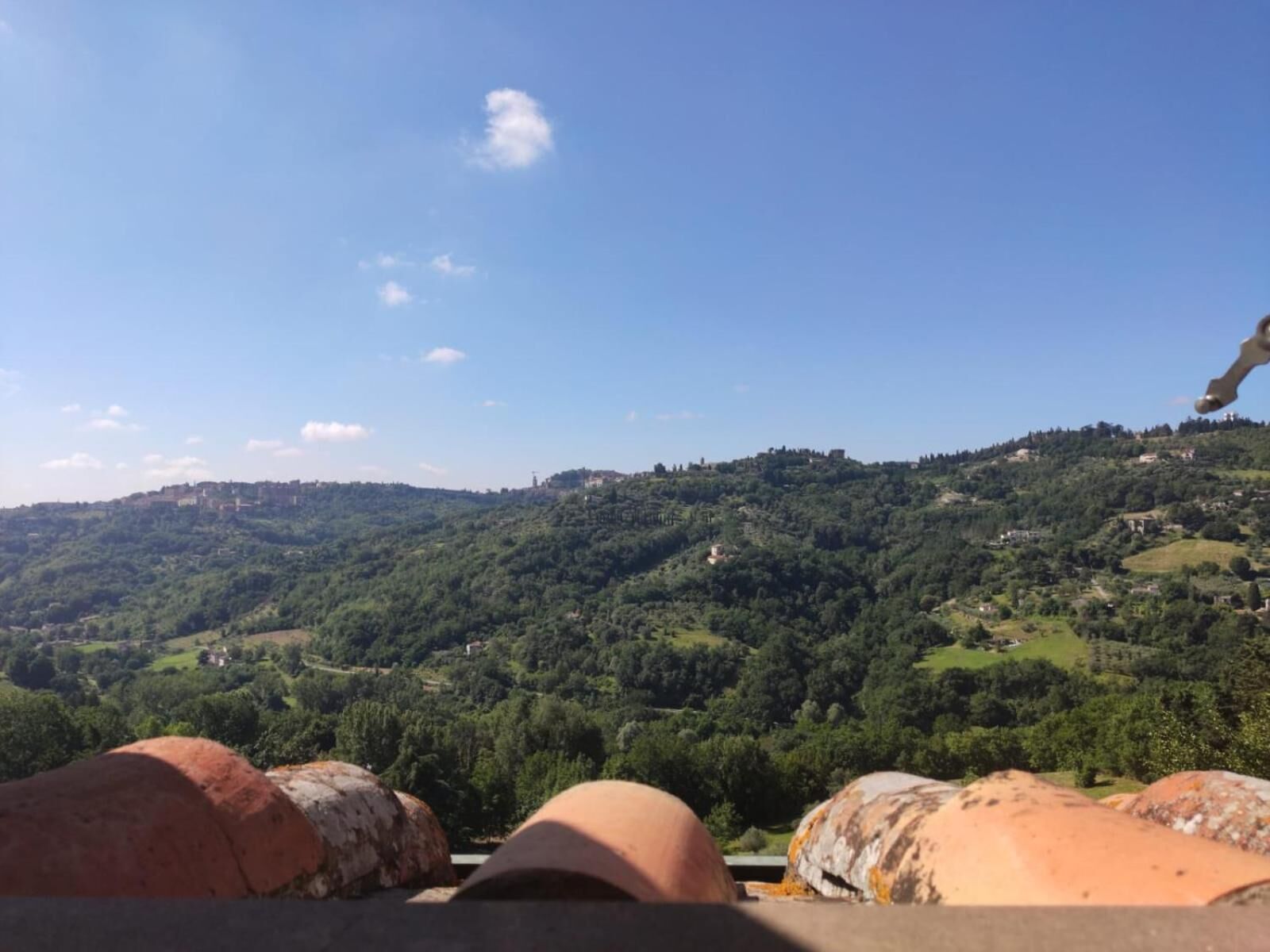 Blick auf Terrakotta-Dachziegel und eine grüne Landschaft mit Hügeln und verstreuten Gebäuden.