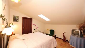 A bedroom with a bed, a desk, a chair, a television, and a radiator.