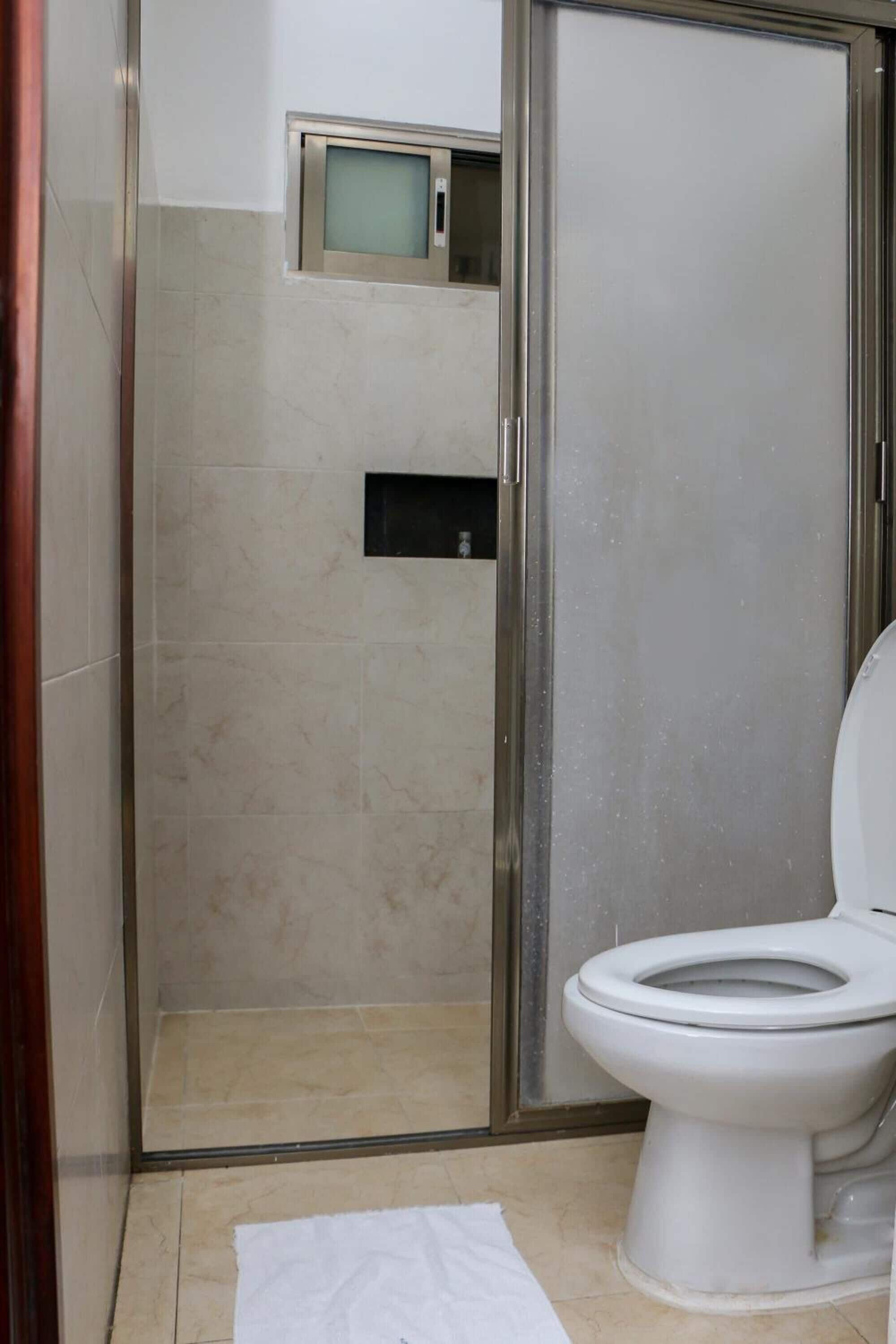 A bathroom with a glass-enclosed shower, a toilet, and a small mirror above the sink.