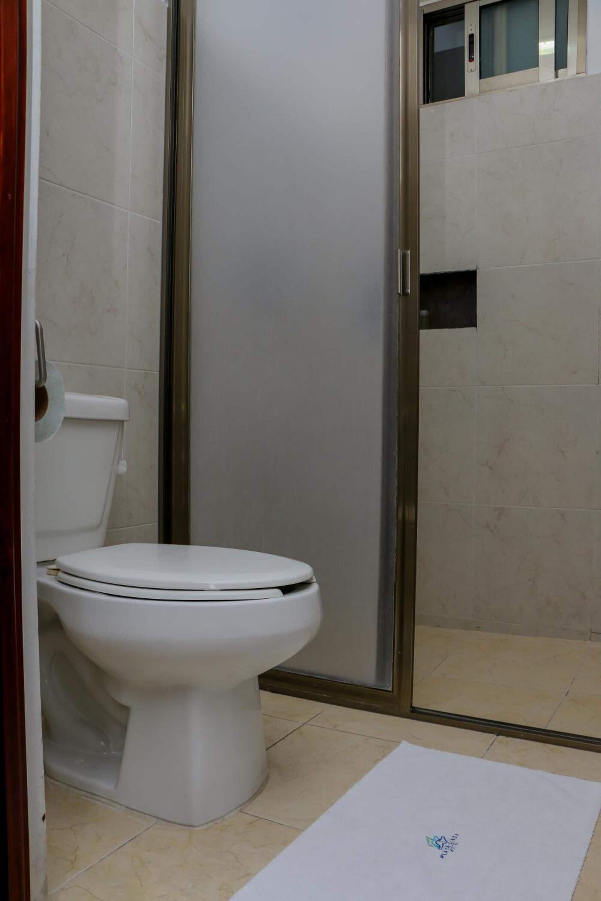 Un bany amb vàter, zona de dutxa i un estora blanca al sòl.
