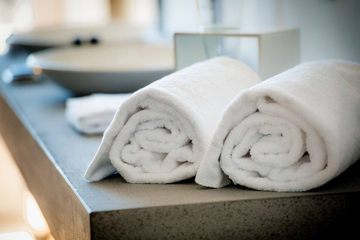 Douche, articles de toilette de luxe, sèche-cheveux, peignoirs