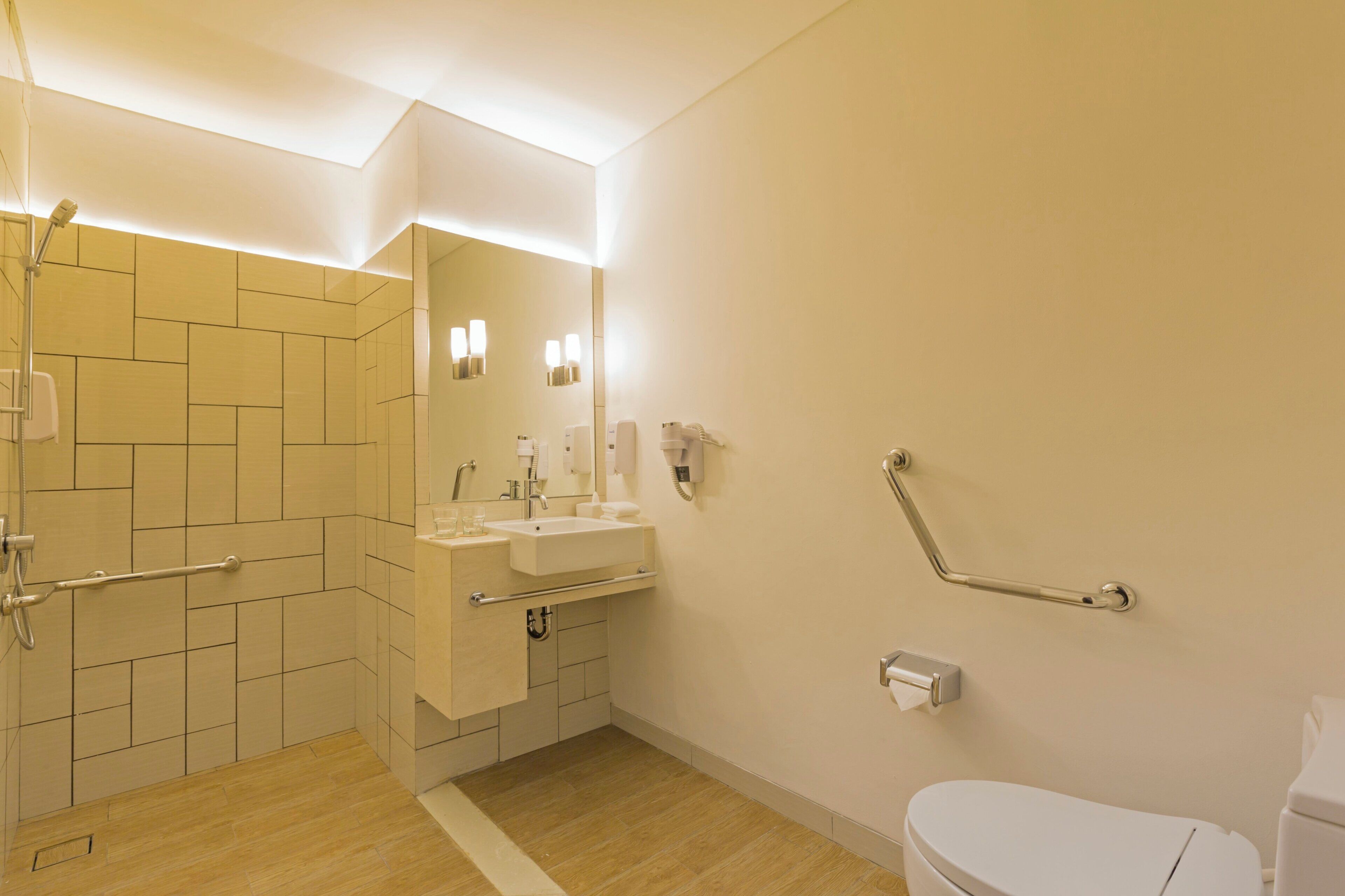 Standard Room, 1 Queen Bed, Accessible (with Free Breakfast) | Bathroom | Shower, hydromassage showerhead, free toiletries, hair dryer