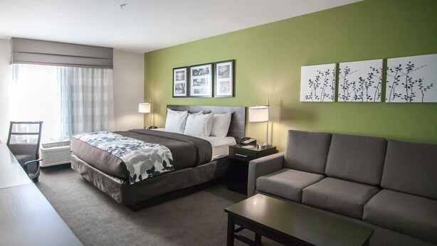 A hotel room with a bed, a sofa, a coffee table, a desk, and a chair. There are three framed pictures on the wall. - Sleep Inn & Suites Gulfport (Gulfport)