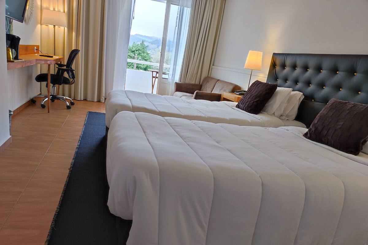Hotellihuone, jossa on kaksi sänkyä, työpöytä tuolilla, televisio ja näkymä ulos.
