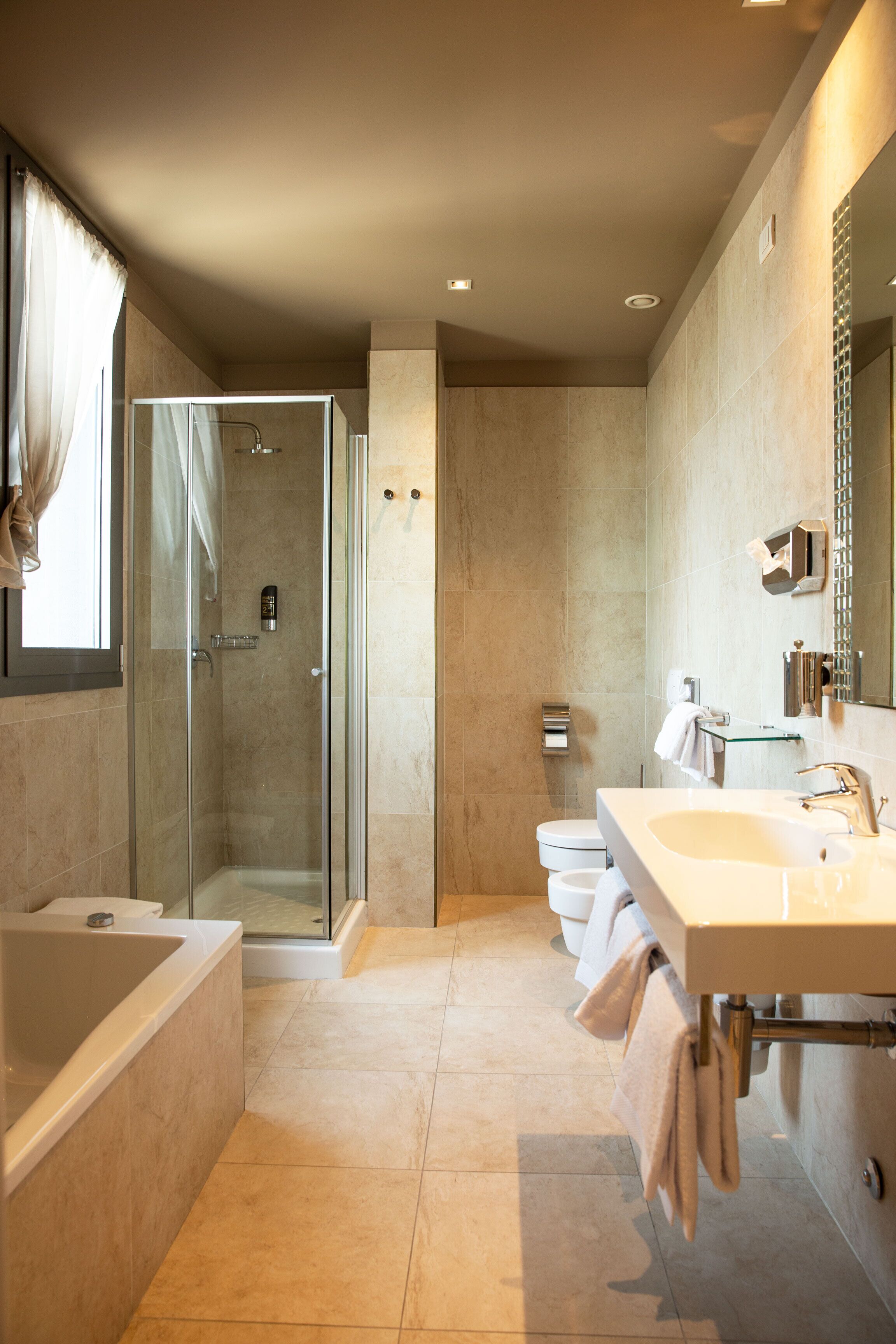 combined shower/bathtub, free toiletries, hair dryer, bidet