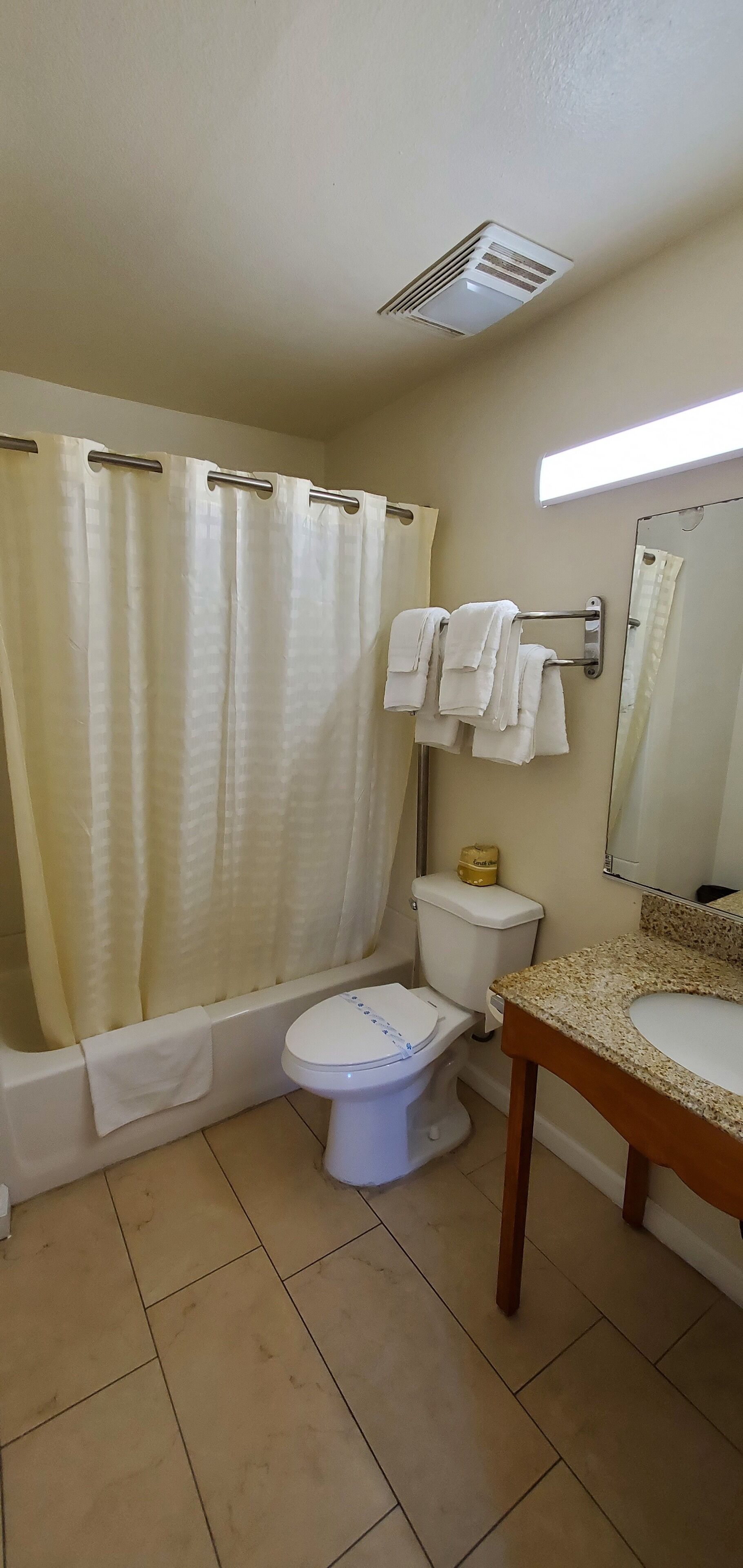Un baño con bañera, inodoro, lavabo y espejo.