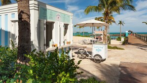 A beachfront ice cream cart with a bicycle parked nearby, palm trees, and a clear view of the ocean.