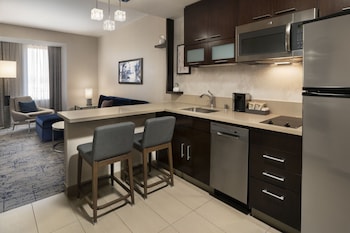 Full-size fridge, microwave, oven, stovetop at Residence Inn Los Angeles L.A. LIVE