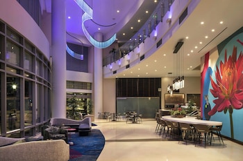 Hotel entrance and lobby at Residence Inn Los Angeles L.A. LIVE