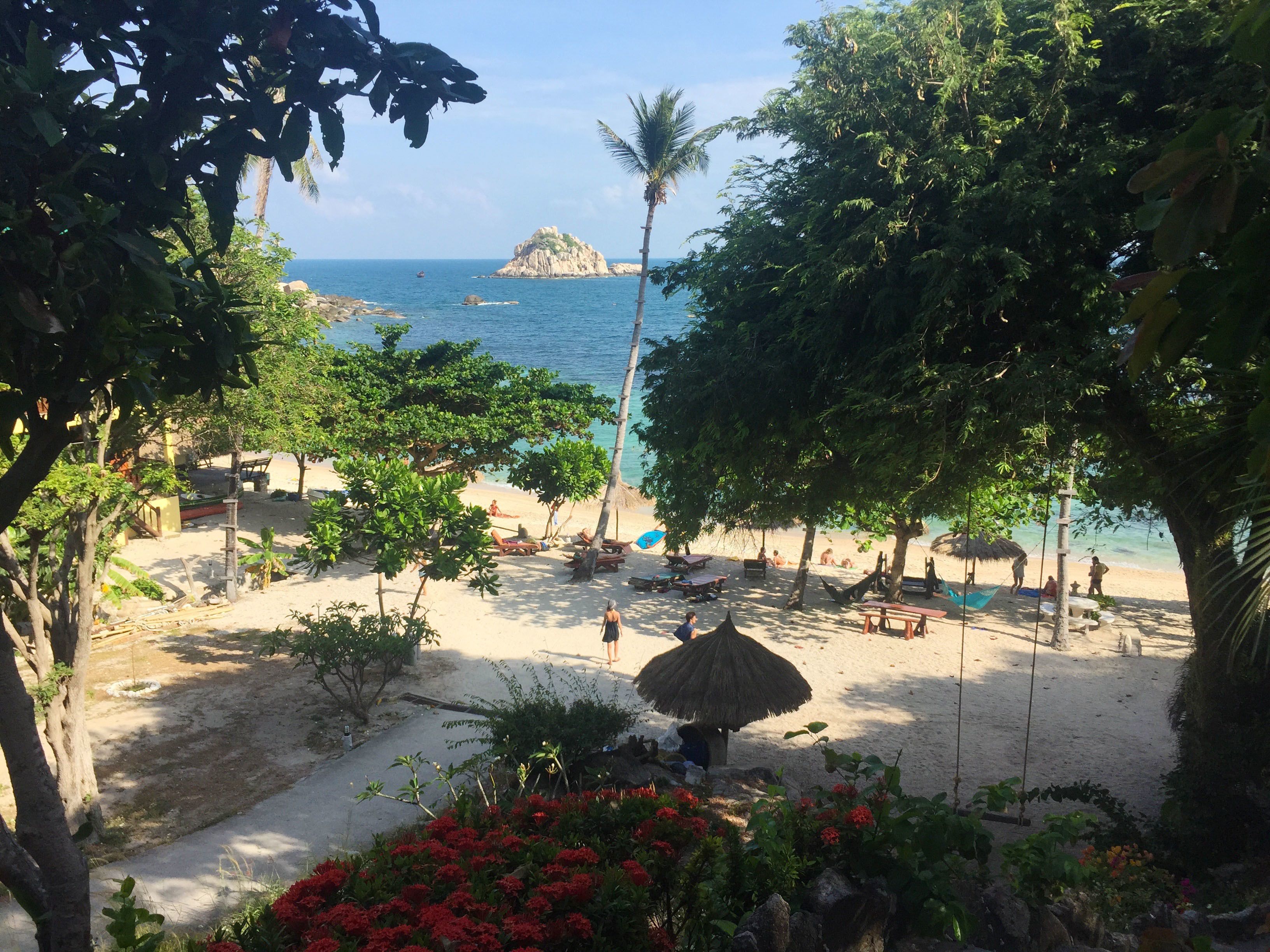 A beach with trees, a thatched umbrella, and a rocky outcrop in the water.