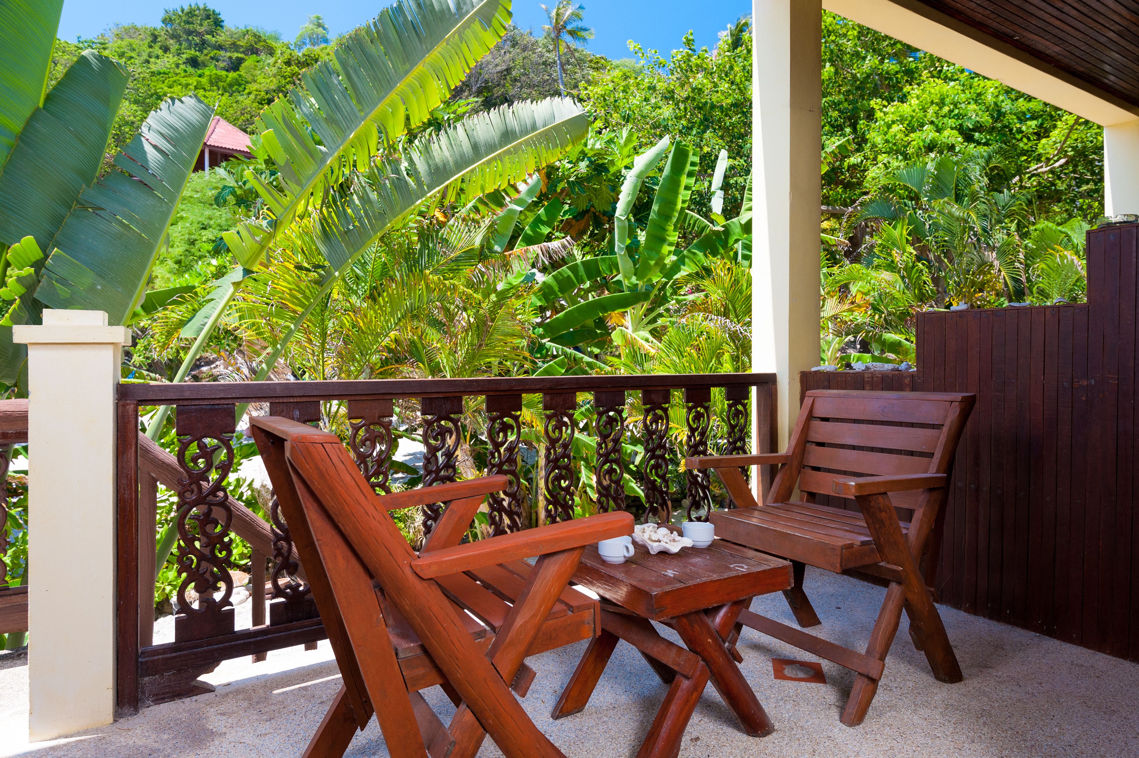 Un espacio al aire libre con asientos de madera, sillas y una mesa, rodeado de exuberante follaje tropical.