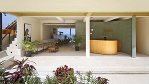 A hotel lobby with a reception desk, seating area, and potted plants. - Lücke Boutique Hotel (Koh Tao)
