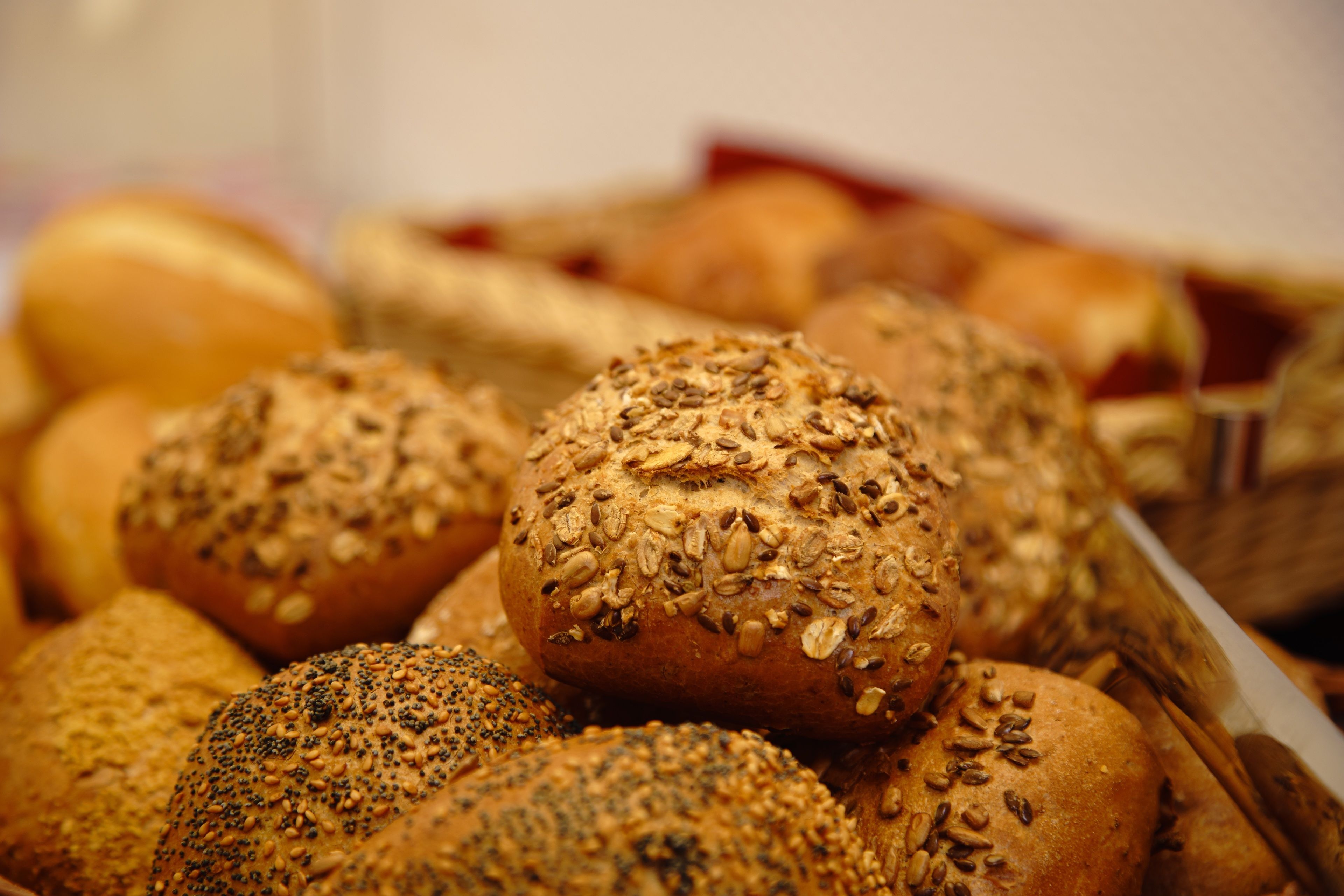 Variedad de panes con diferentes semillas y cereales.