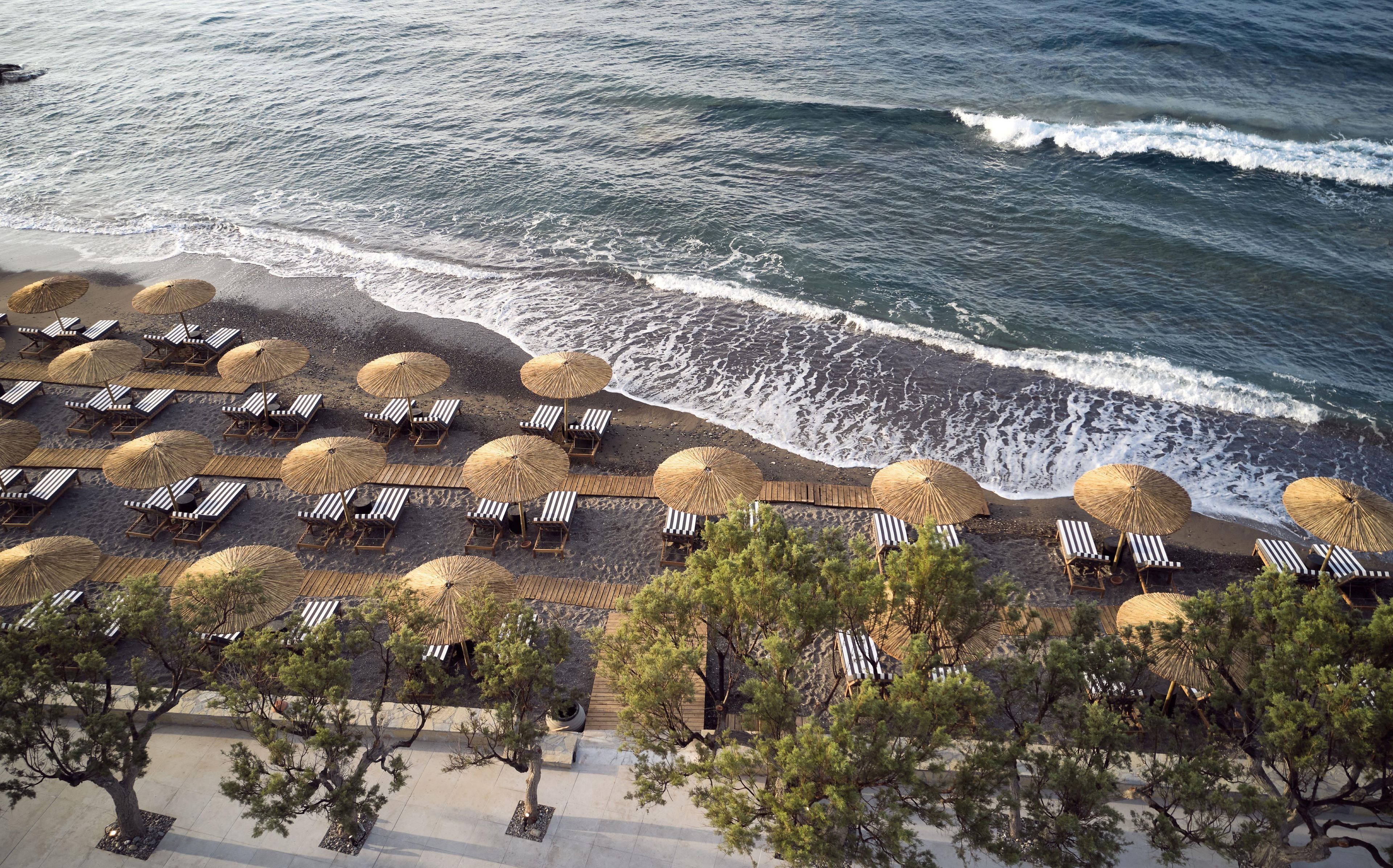 An aerial view of a beach with rows of sun loungers and thatched umbrellas, surrounded by trees.