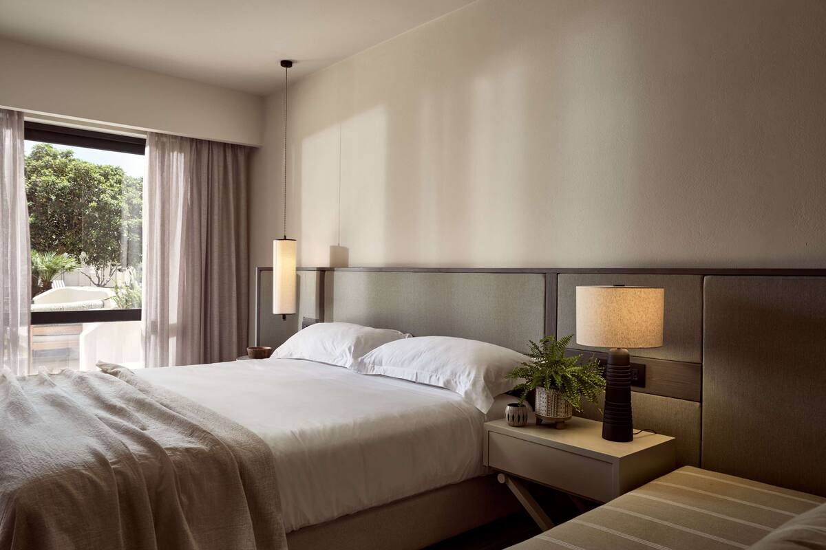 A hotel room with a large bed, two bedside tables, a potted plant, and a view of the outdoors.