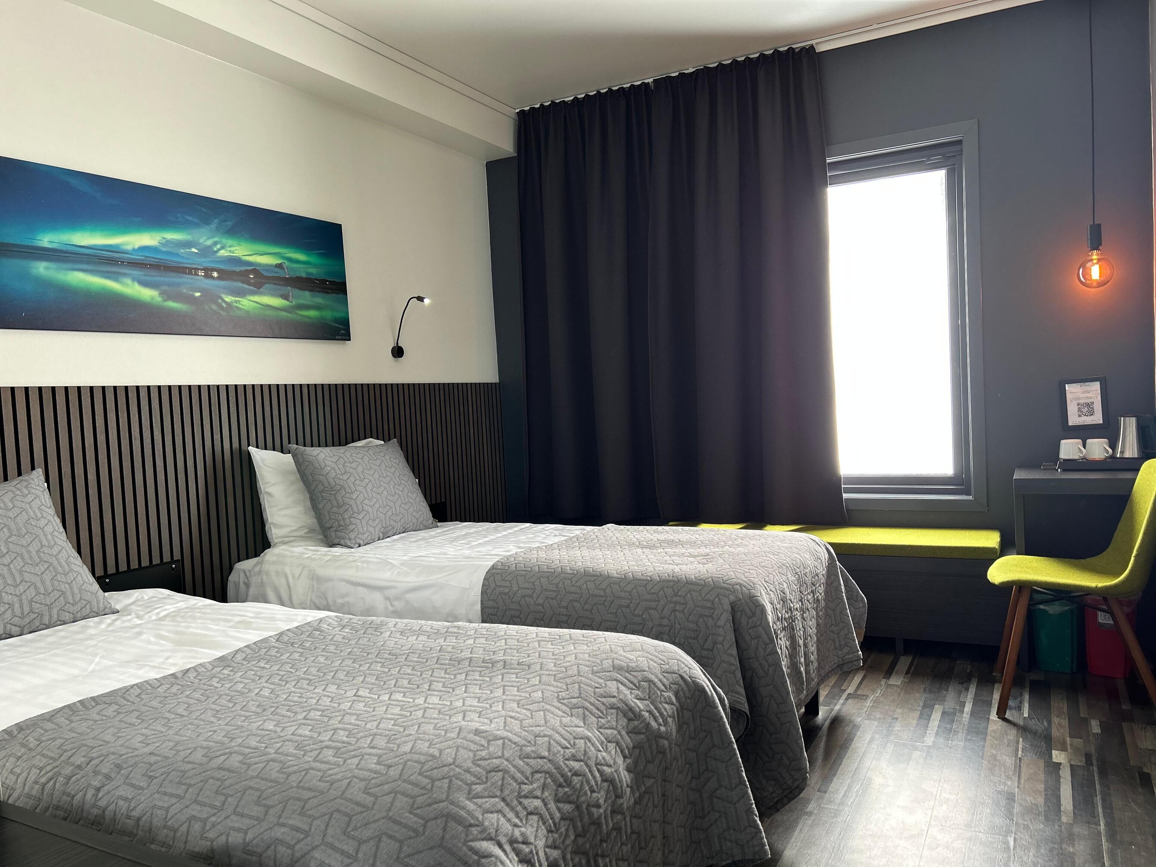 desk, blackout curtains, soundproofing, iron/ironing board