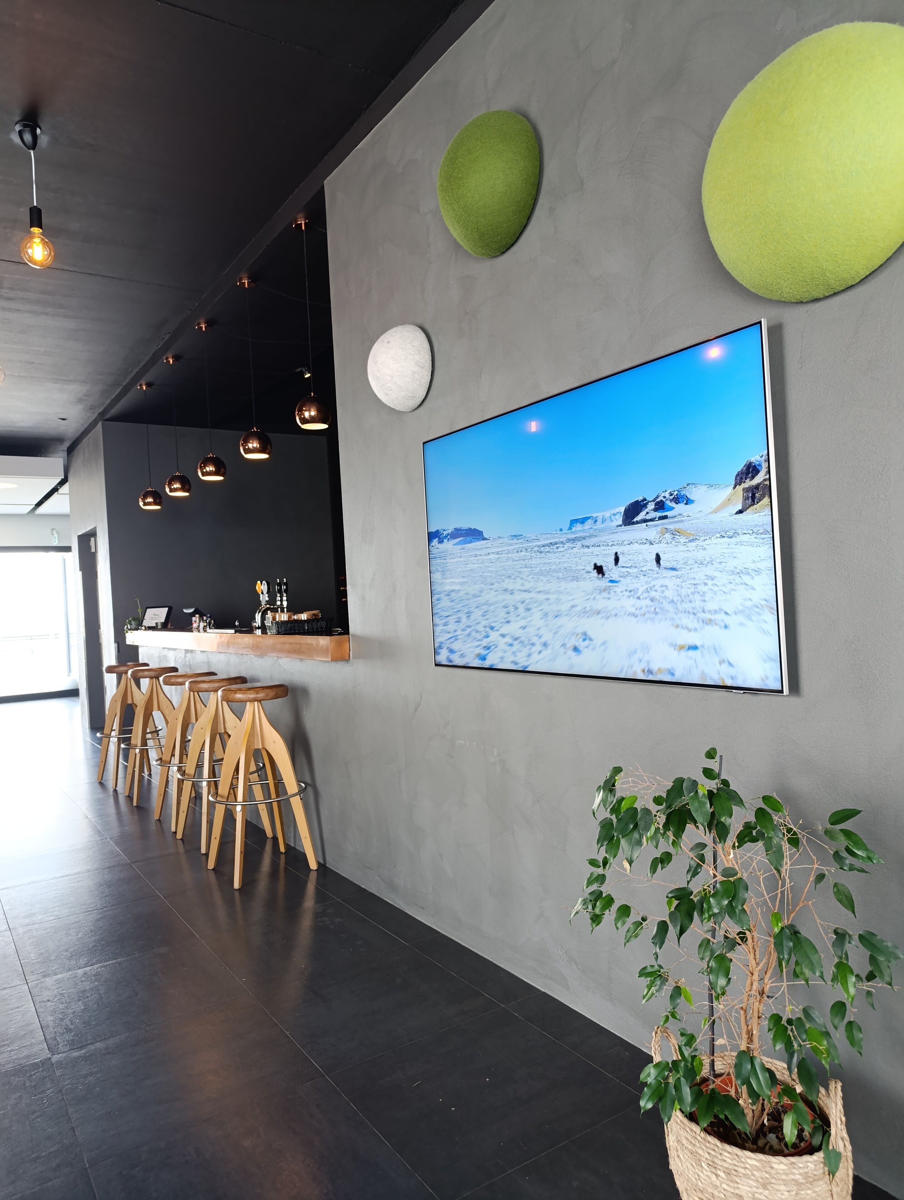 Een modern interieur met een bar, zitplaatsen, een grote televisie en een kamerplant.