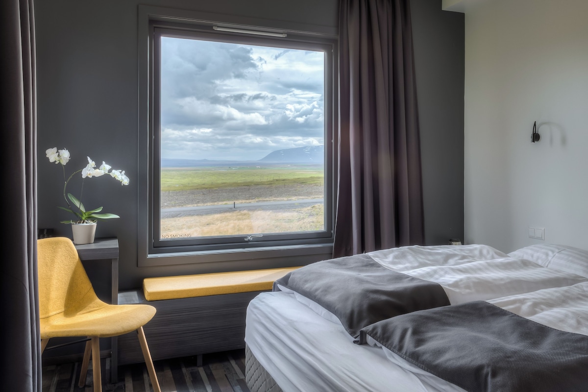 Habitación de hotel con un ventanal grande, una cama, una silla y una planta en maceta.