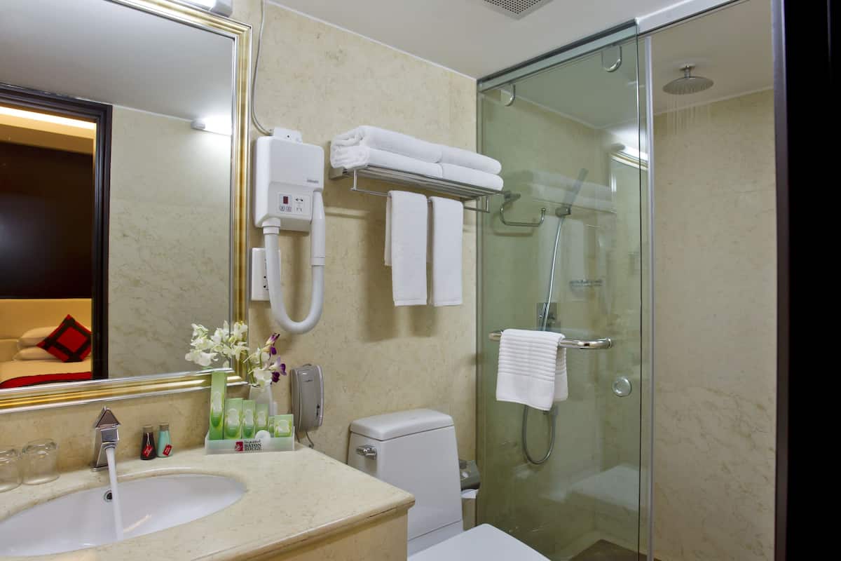 Shower, hydromassage showerhead, free toiletries, hair dryer