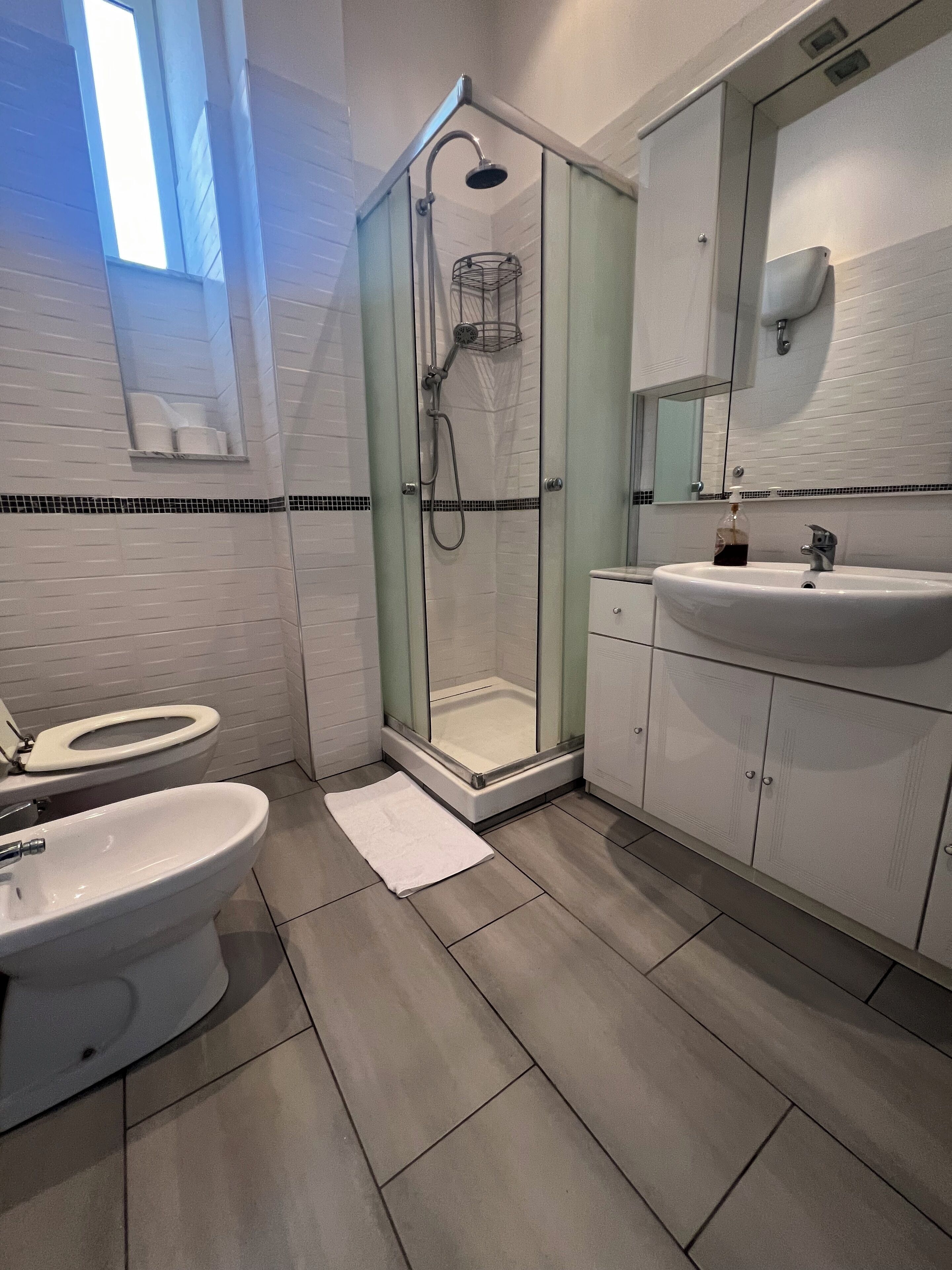 A modern bathroom with a glass-enclosed shower, a toilet, a sink, and a mirror.