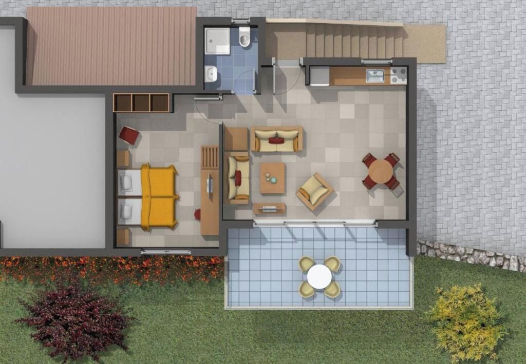 A 2D floor plan of a house with a living room, kitchen, bathroom, and a small outdoor area with a pool.