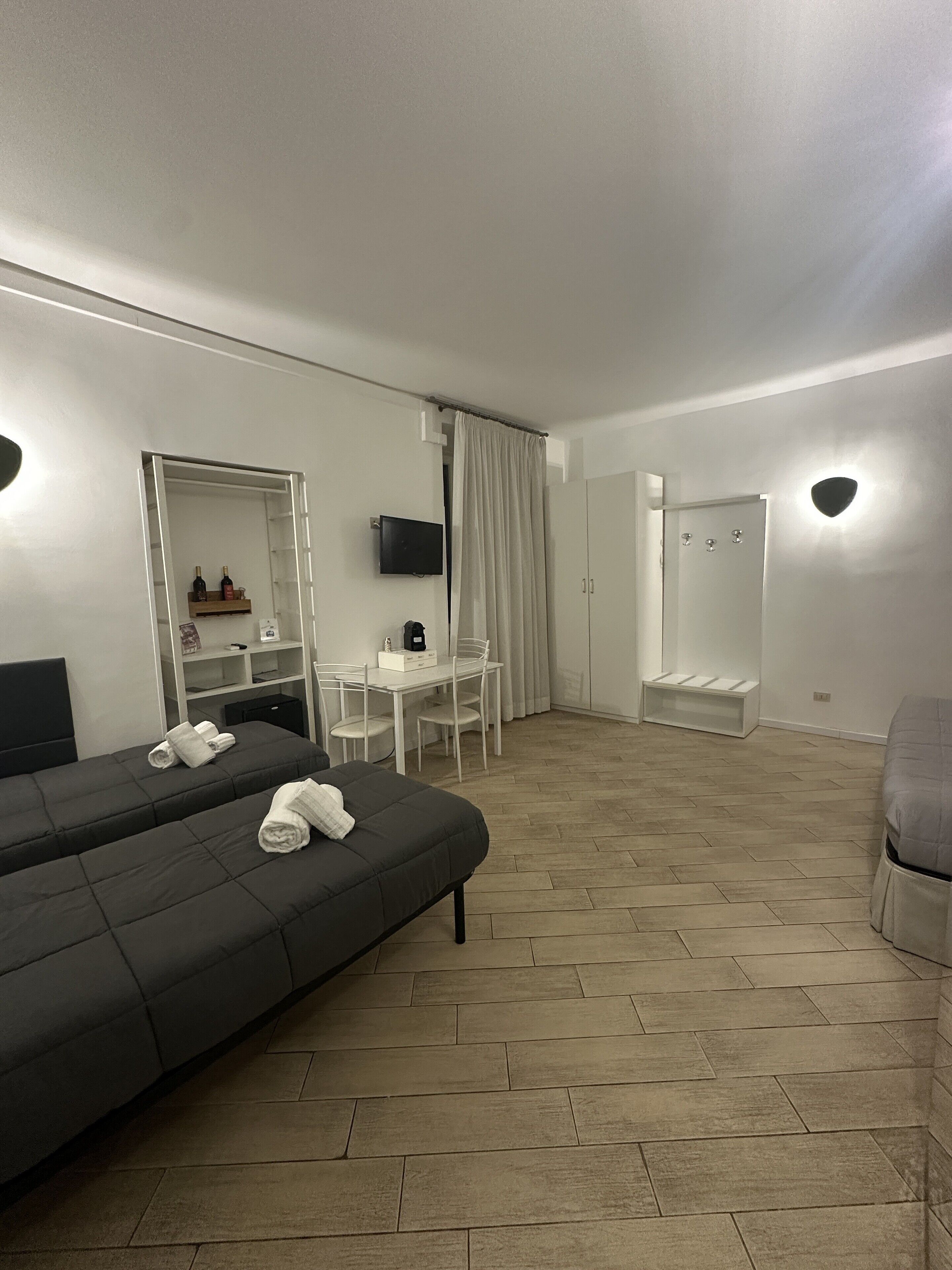 A modern hotel room with a large bed, a desk with a chair, a television, a shower area, and a wardrobe.