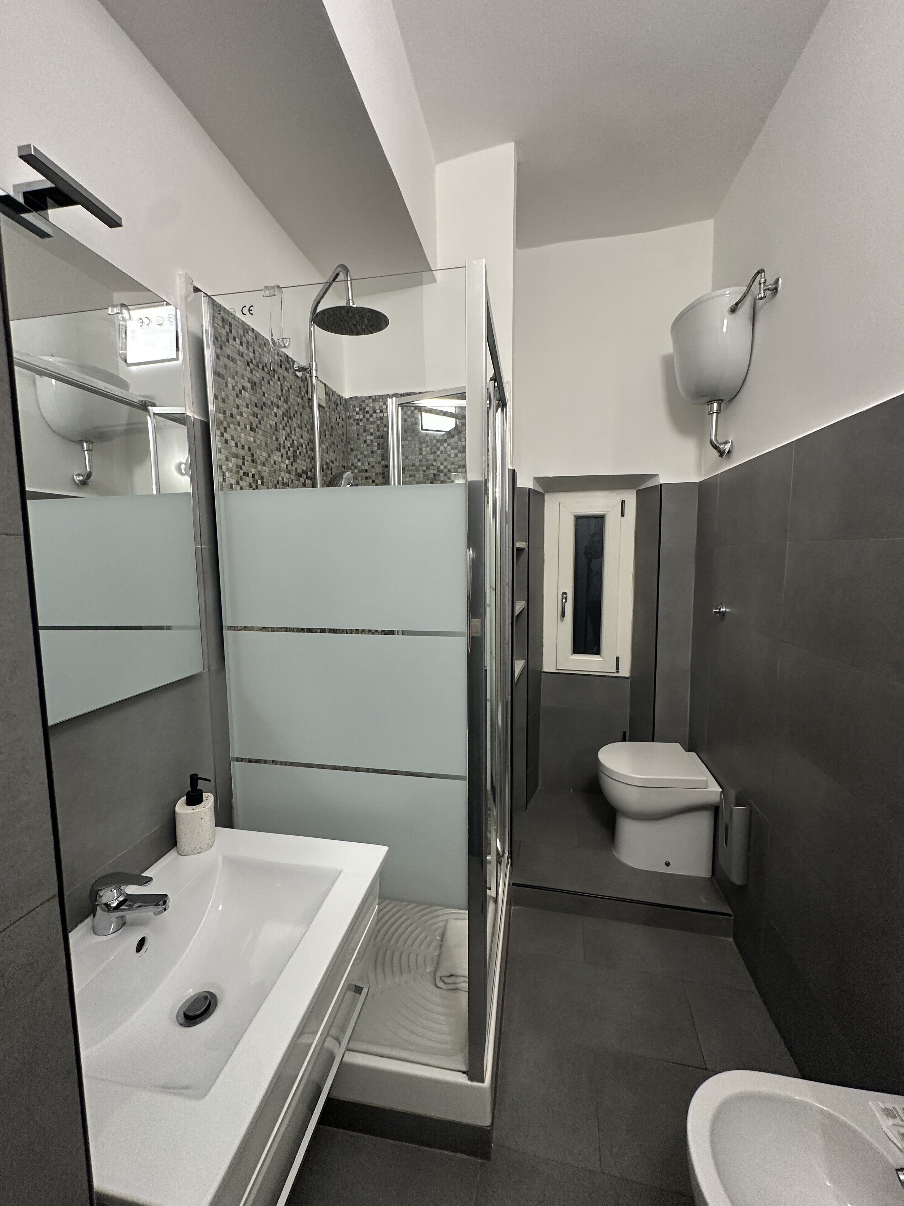 A modern bathroom with a glass shower enclosure, a white sink, and a toilet.