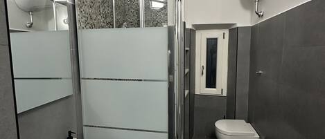 A modern bathroom with a glass shower enclosure, a white sink, and a toilet.