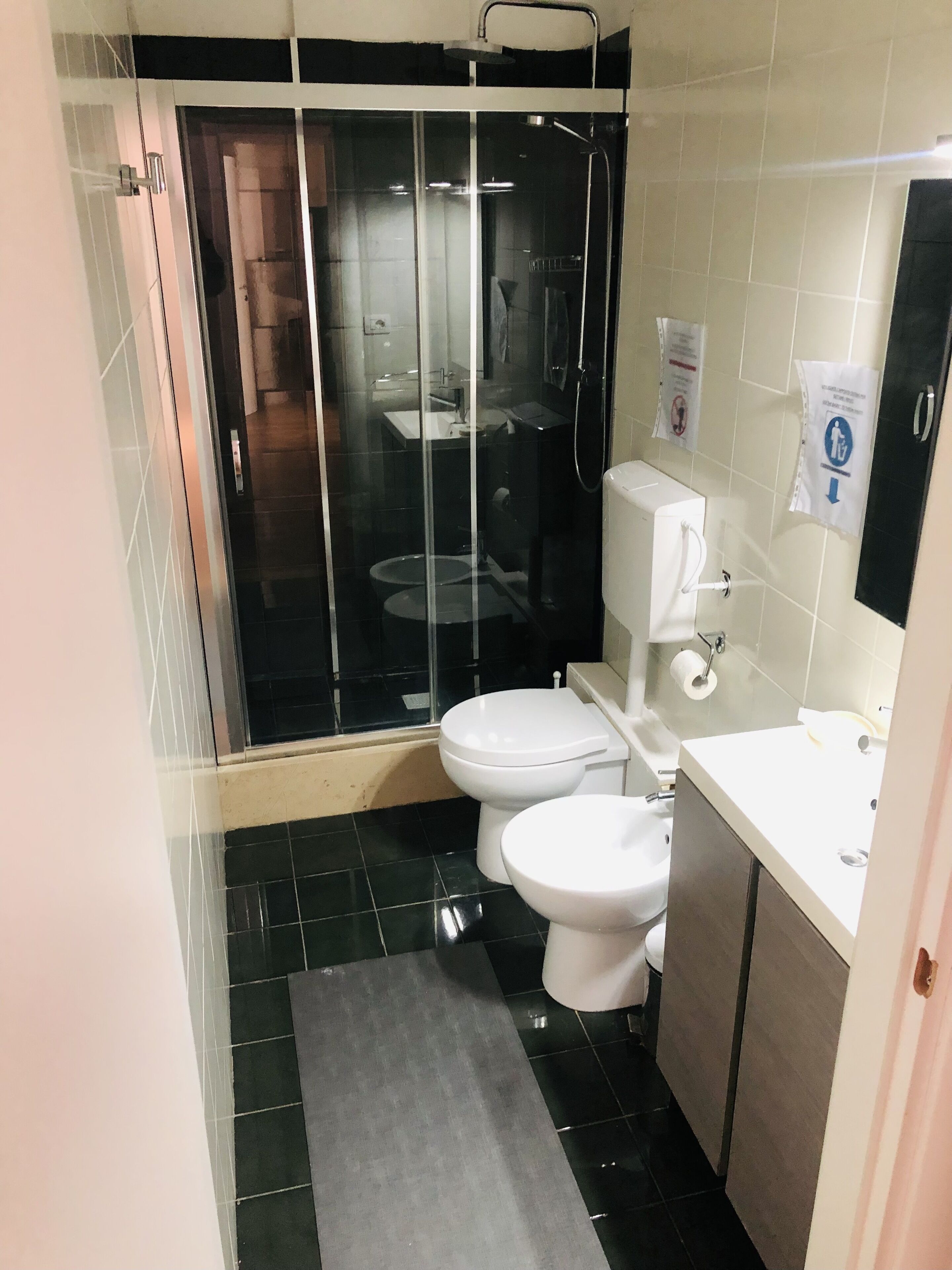 Une salle de bain avec une douche à parois de verre, des toilettes et un lavabo.