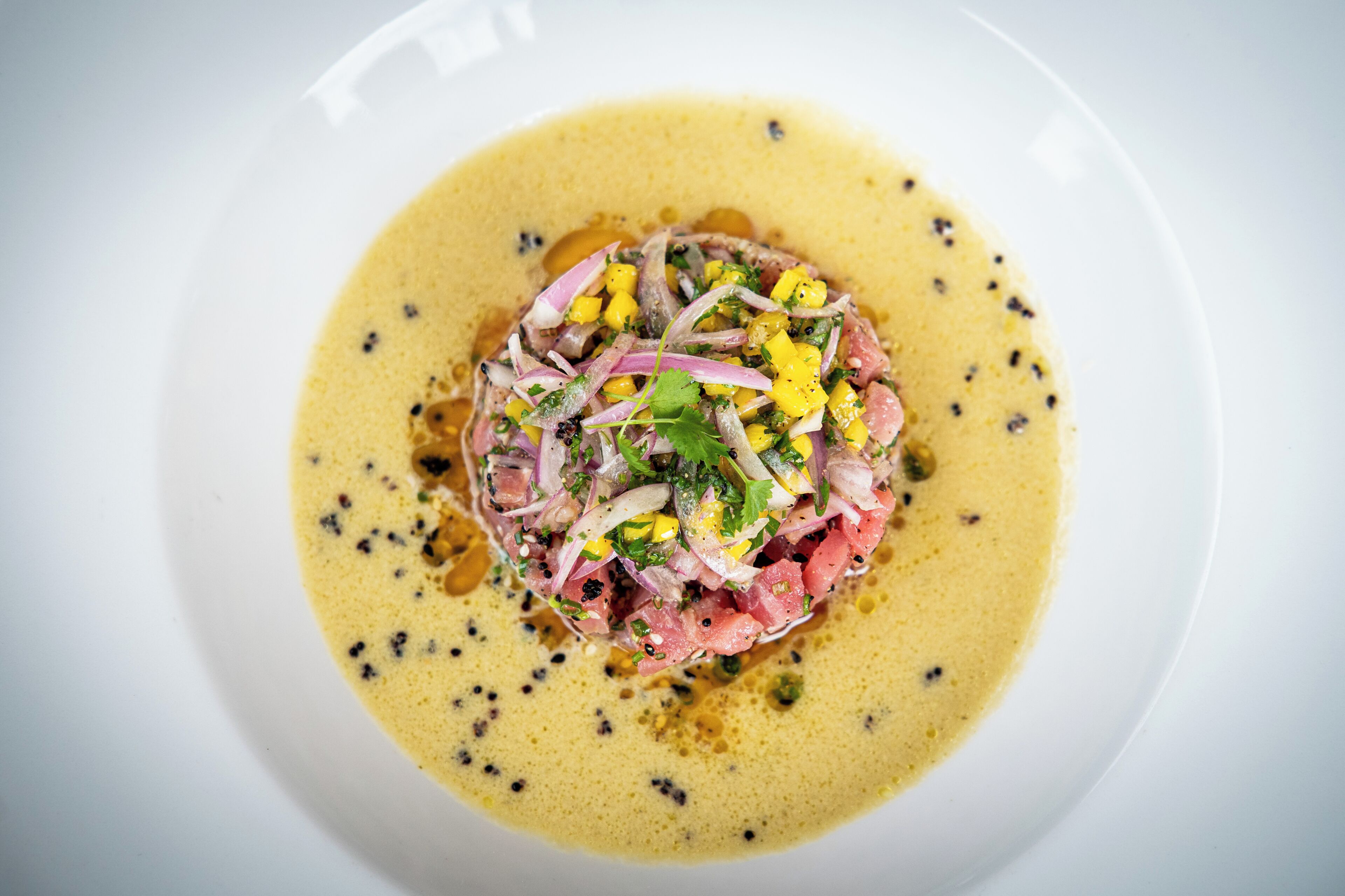 Un plato blanco con un guiso de ceviche, adornado con cebolla, cilantro y maíz, servido sobre una cama de salsa amarilla.