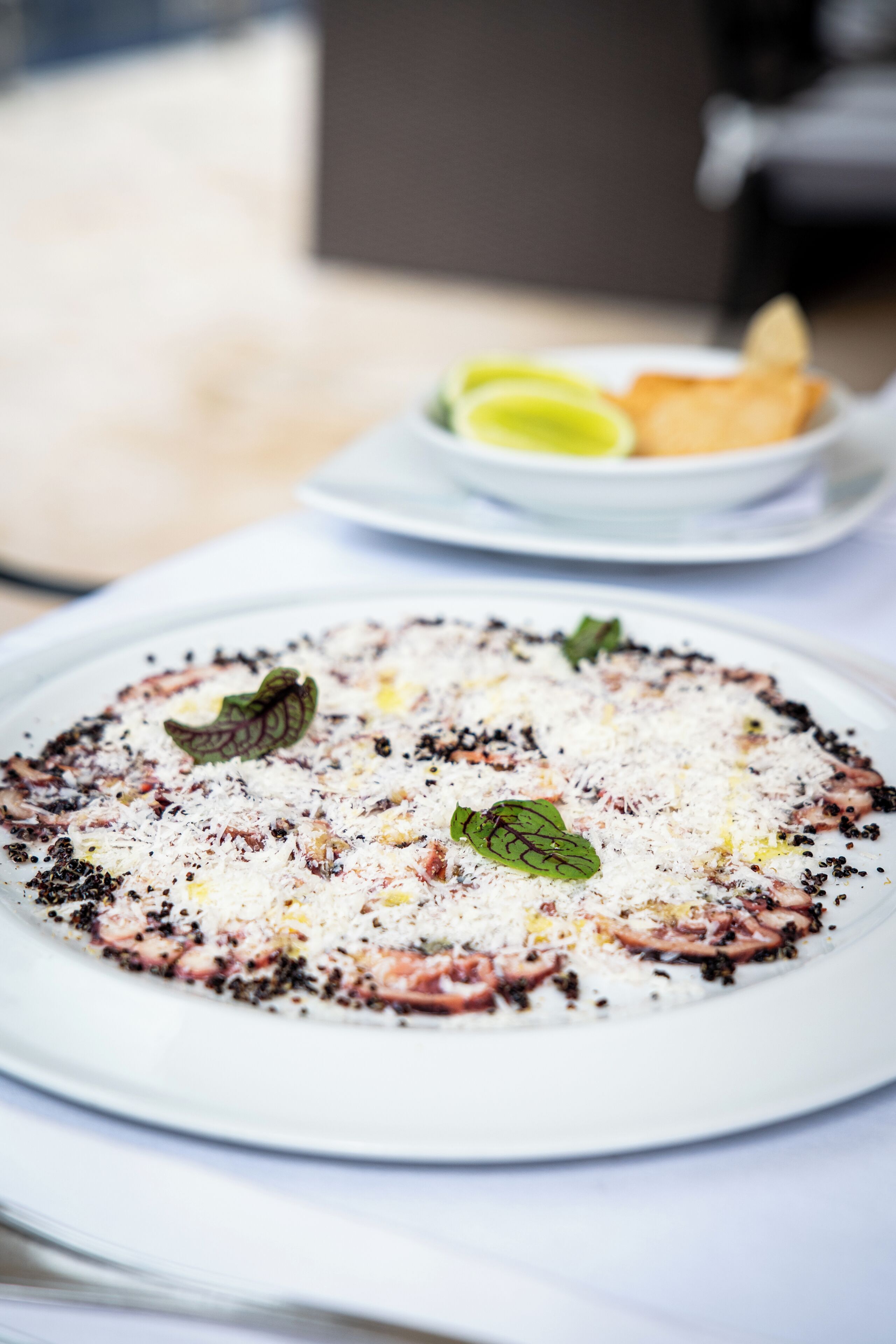 A plate of food with a white base, topped with black pepper, herbs, and cheese.