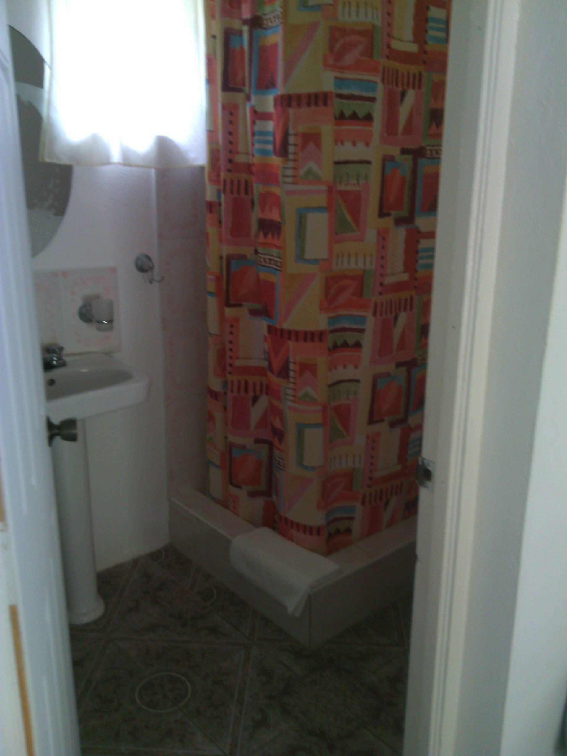 A small bathroom with a toilet, sink, and shower curtain.