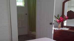 A bedroom with a bed, a dresser, a mirror, and a door leading to a bathroom. - Polish Princess Guest House (Port Antonio)