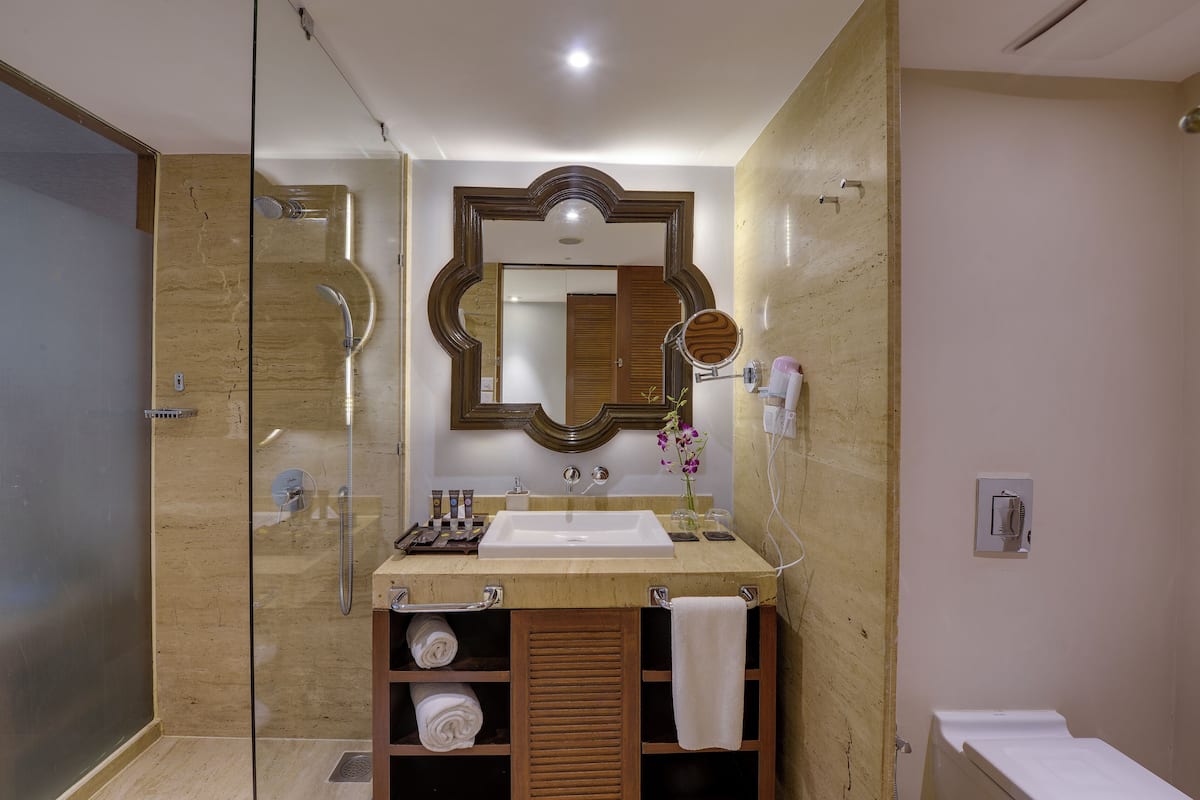 Shower, rainfall showerhead, designer toiletries, hair dryer