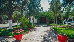 A paved pathway leading to a building with a green door, surrounded by trees and potted plants. - Hotel La Fuente, Saltillo (Saltillo)