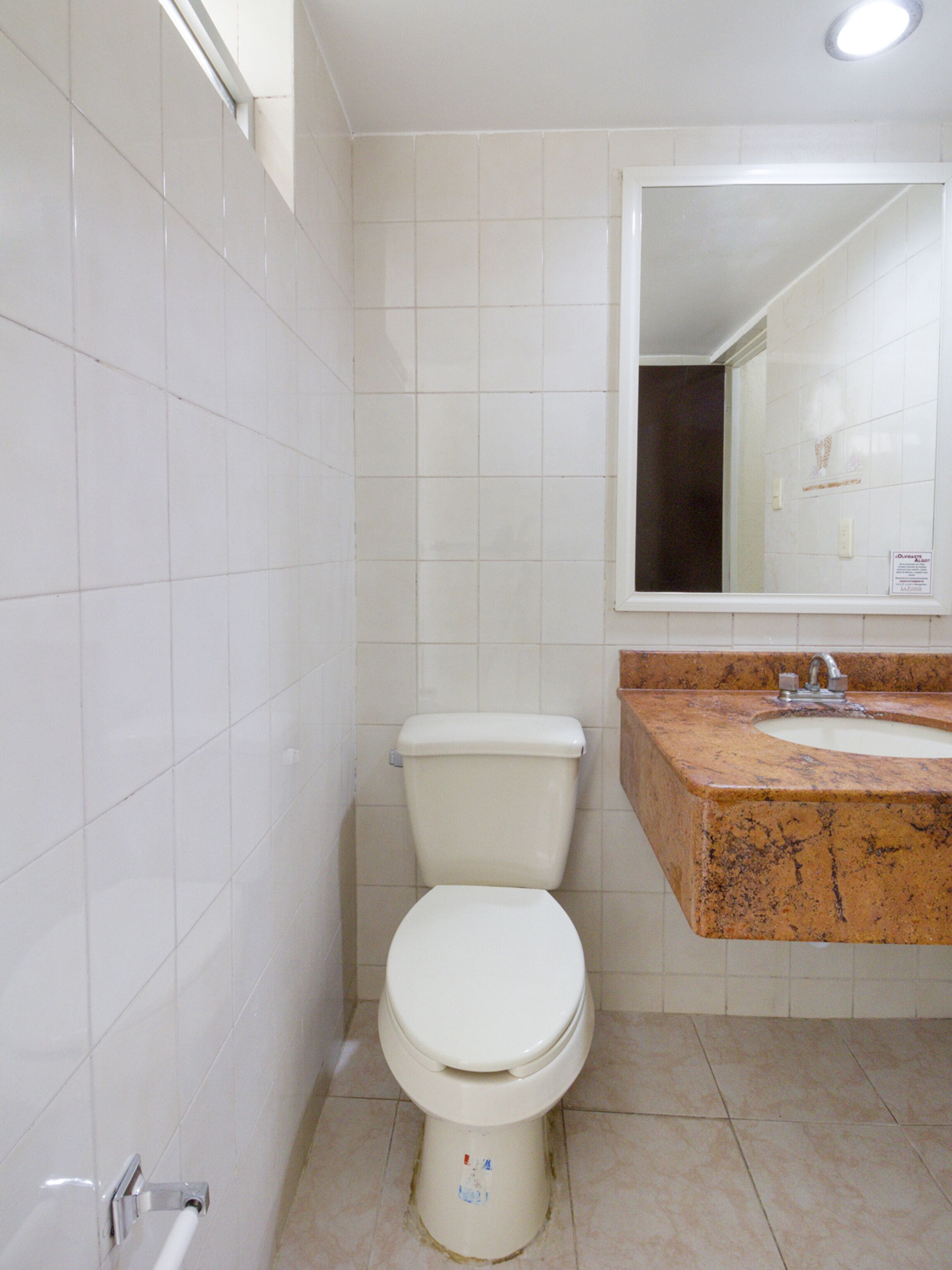 Un baño con inodoro, lavamanos y espejo.