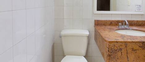 Un baño con inodoro, lavamanos y espejo.