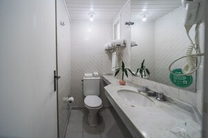 Un baño pequeño con inodoro, lavamanos y espejo.