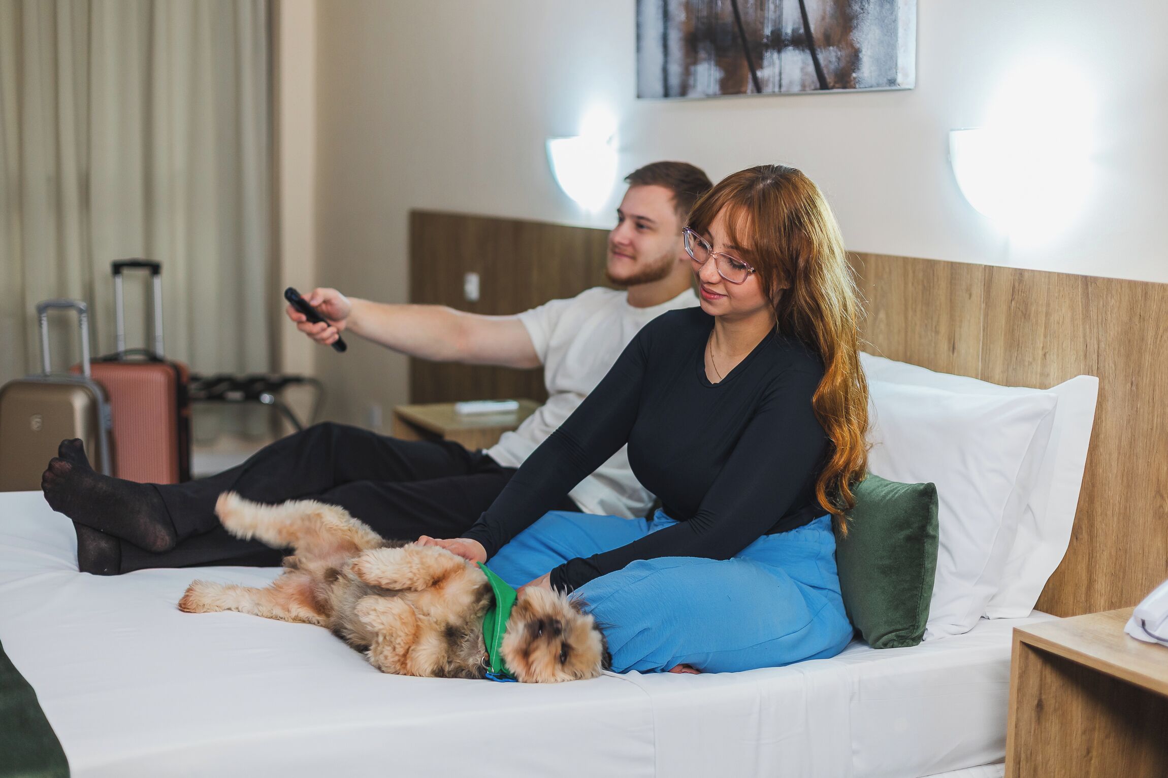 Quarto de hotel com uma cama, uma mala e um cachorro.