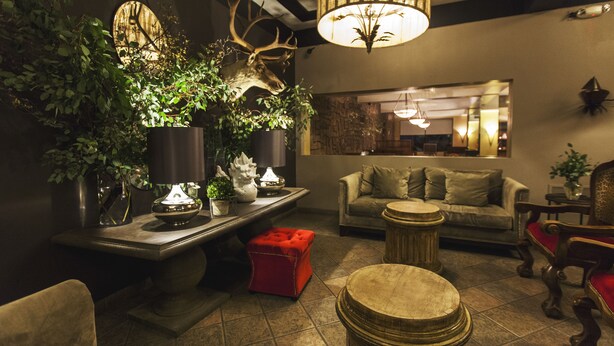Una sala de estar acogedora con sofá, reposapiés y una mesa redonda de centro, rodeada de plantas en macetas y un trofeo de ciervo.