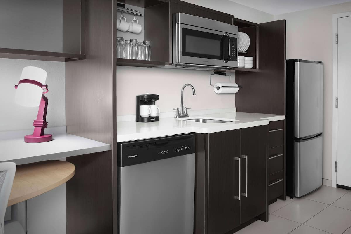 full-sized fridge, coffee/tea maker