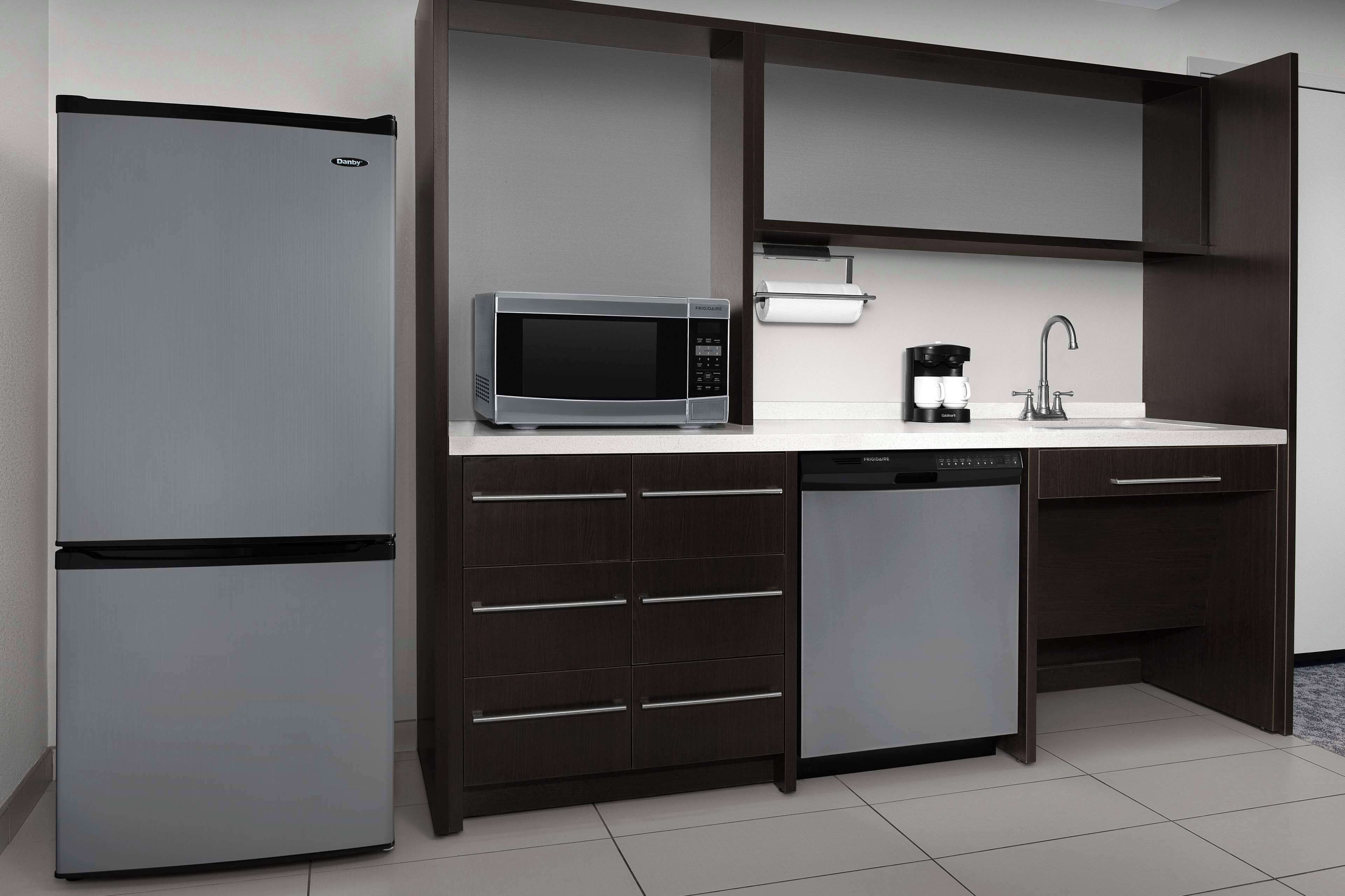 full-sized fridge, coffee/tea maker