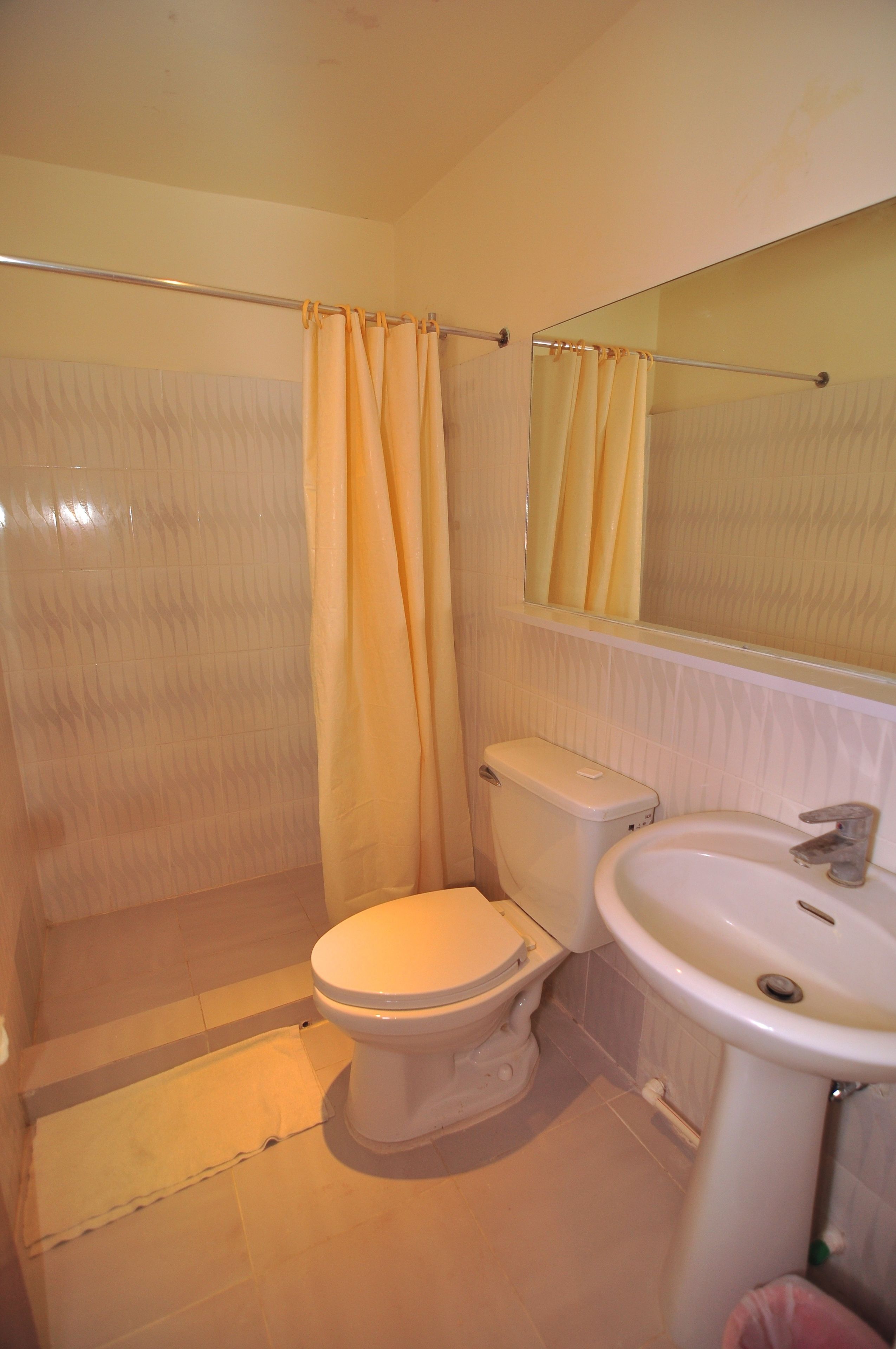 A bathroom with a toilet, sink, and shower curtain.
